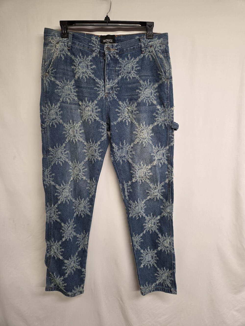 Menace Sun Distressed Carpenter Blue Jeans Size 36 X 32 Button Fly